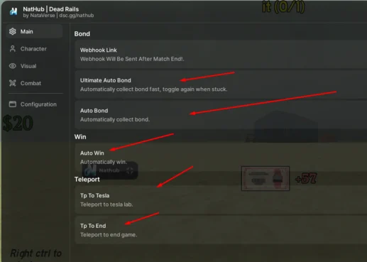 Auto Win, Ultimate auto bond, TP to tesla, Tp to end on dead rails Nat hub