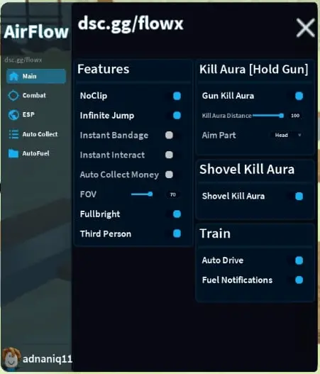 Airflow script for dead rails for Auto kill aura, Load guns auto, infinite jump, auto drive, instant bandage, auto collect money, fullbright, noclip, aimbot, auto target, rapid fire, no spear, instant reload, head target